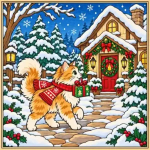 Christmas Cat finished wooden coloring plaque