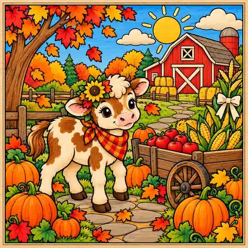 Fall Pumpkin Patch Cow finished coloring plaque sample