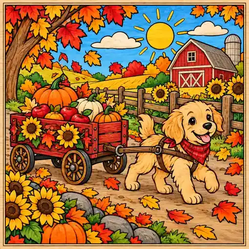 Puppy Pumpkin Wagon finished coloring plaque sample