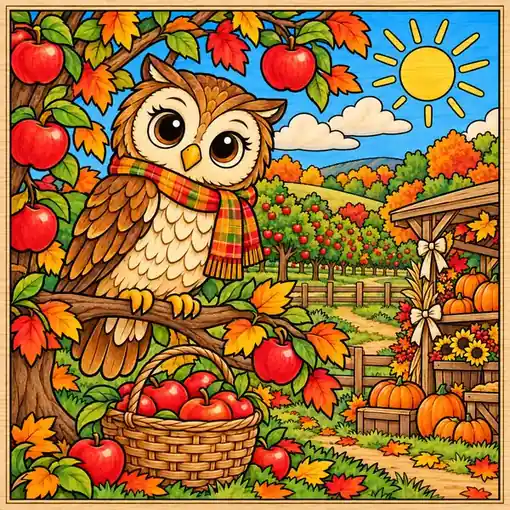 Owl Apple Orchard finished coloring plaque sample