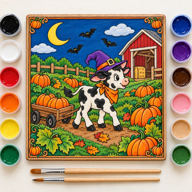 Pumpkin Patch Cow finished coloring plaque sample