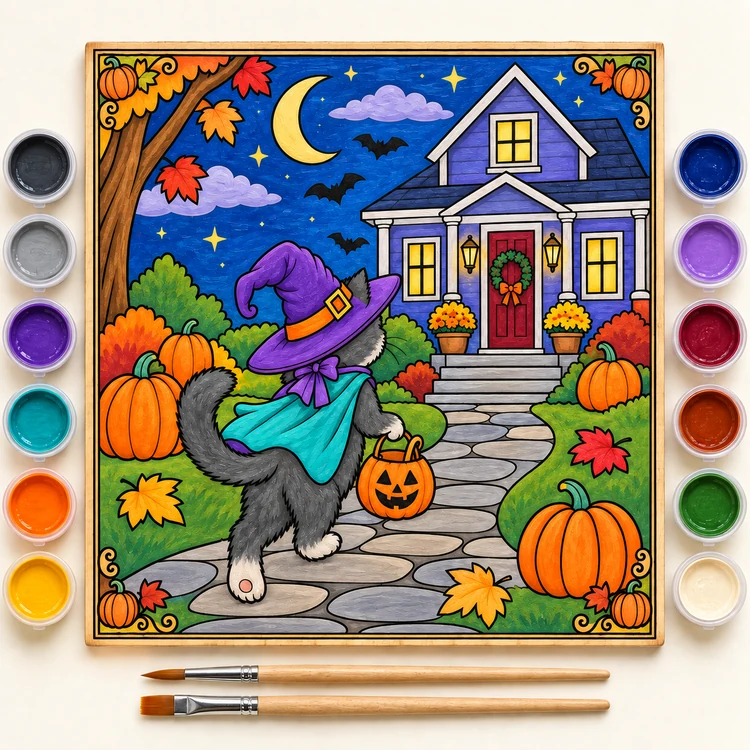 Witch Cat finished coloring plaque sample