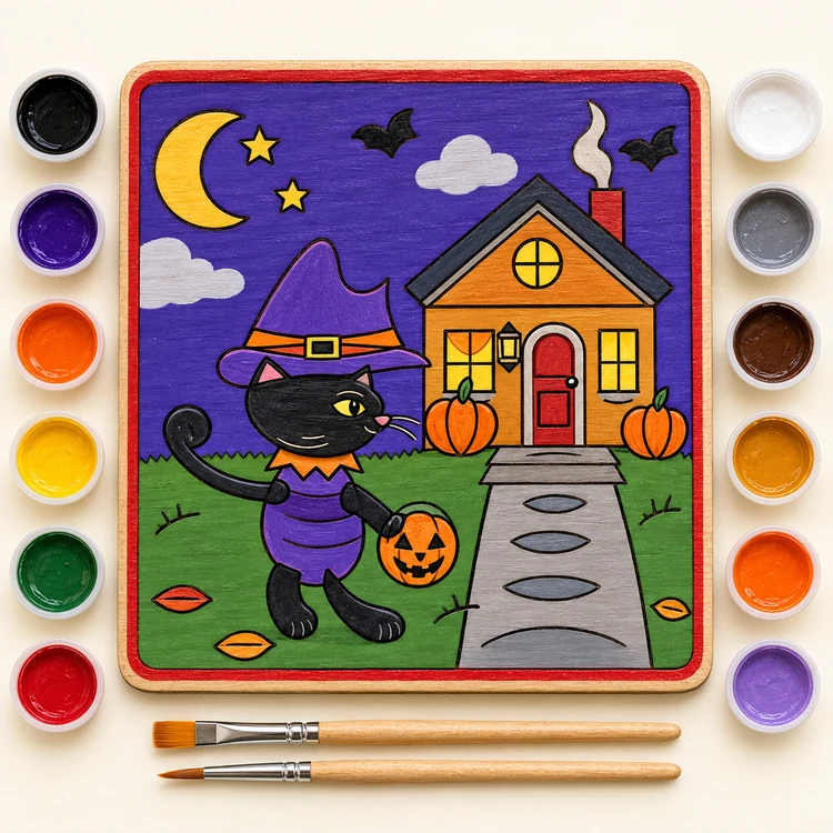 Trick-or-Treat Cat finished coloring plaque sample