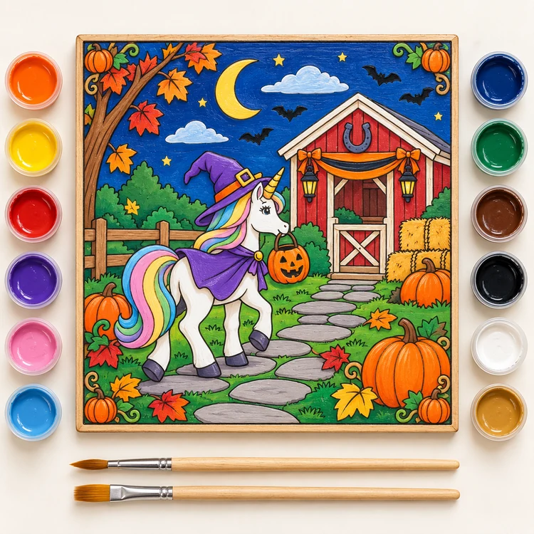 Pumpkin Patch Unicorn finished coloring plaque sample