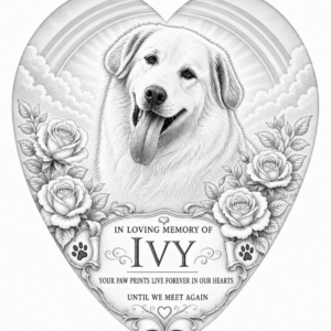 Heart-shaped pet memorial design with a portrait, rainbow, roses and personalized remembrance wording.