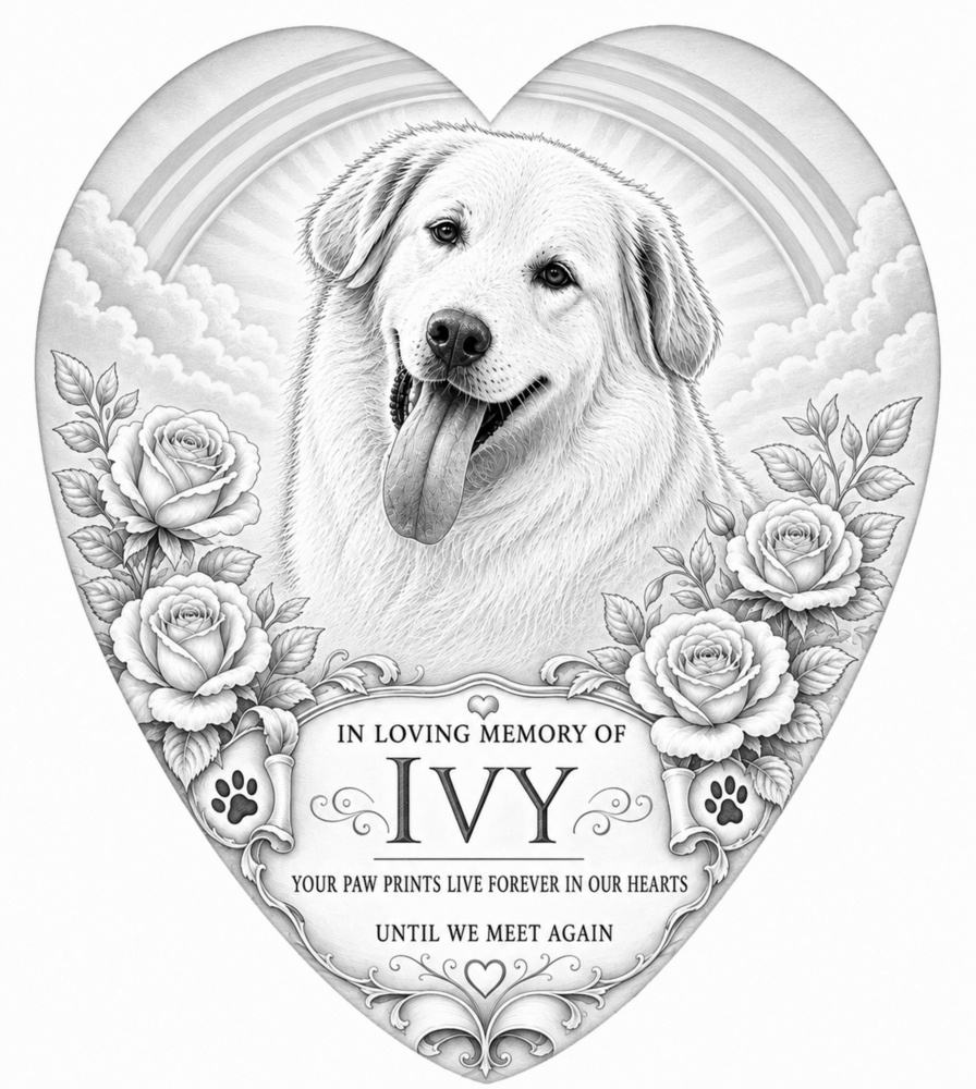 Heart-shaped pet memorial design with a portrait, rainbow, roses and remembrance wording