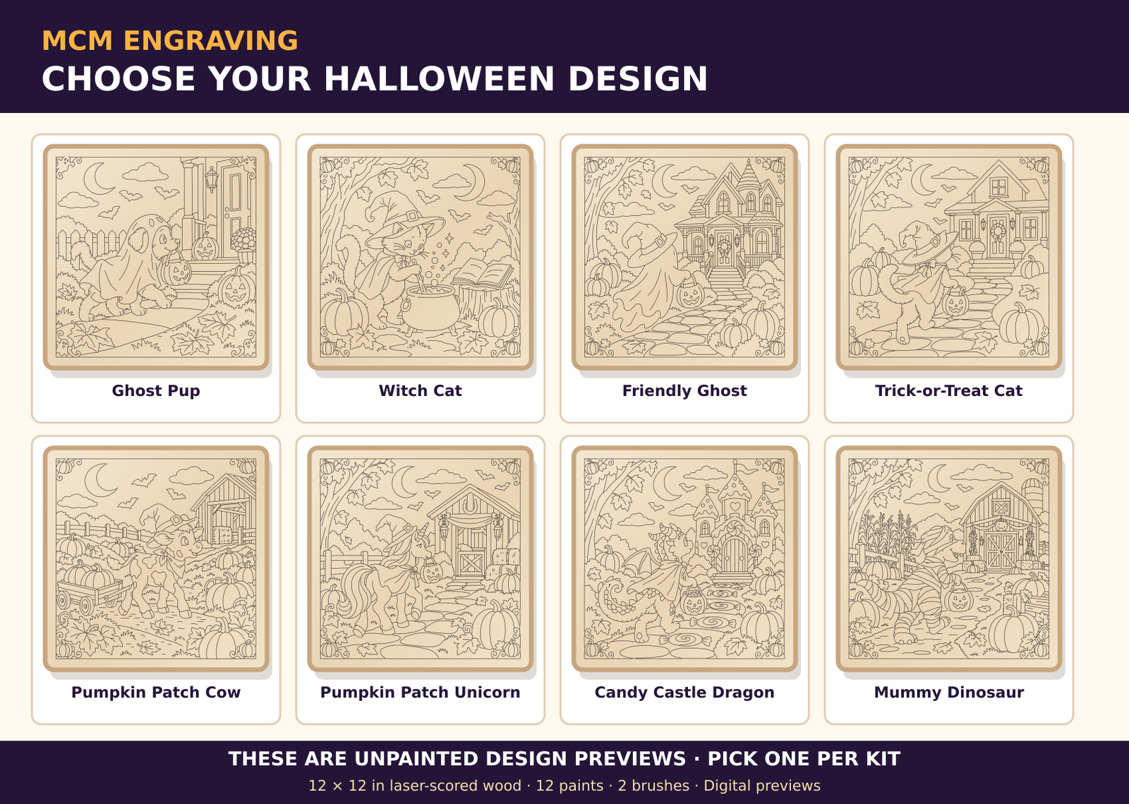 All eight unpainted laser-scored Halloween plaque design previews