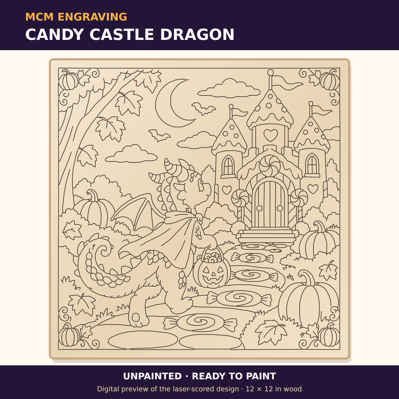 Candy Castle Dragon unpainted laser-scored Halloween plaque design, digital preview
