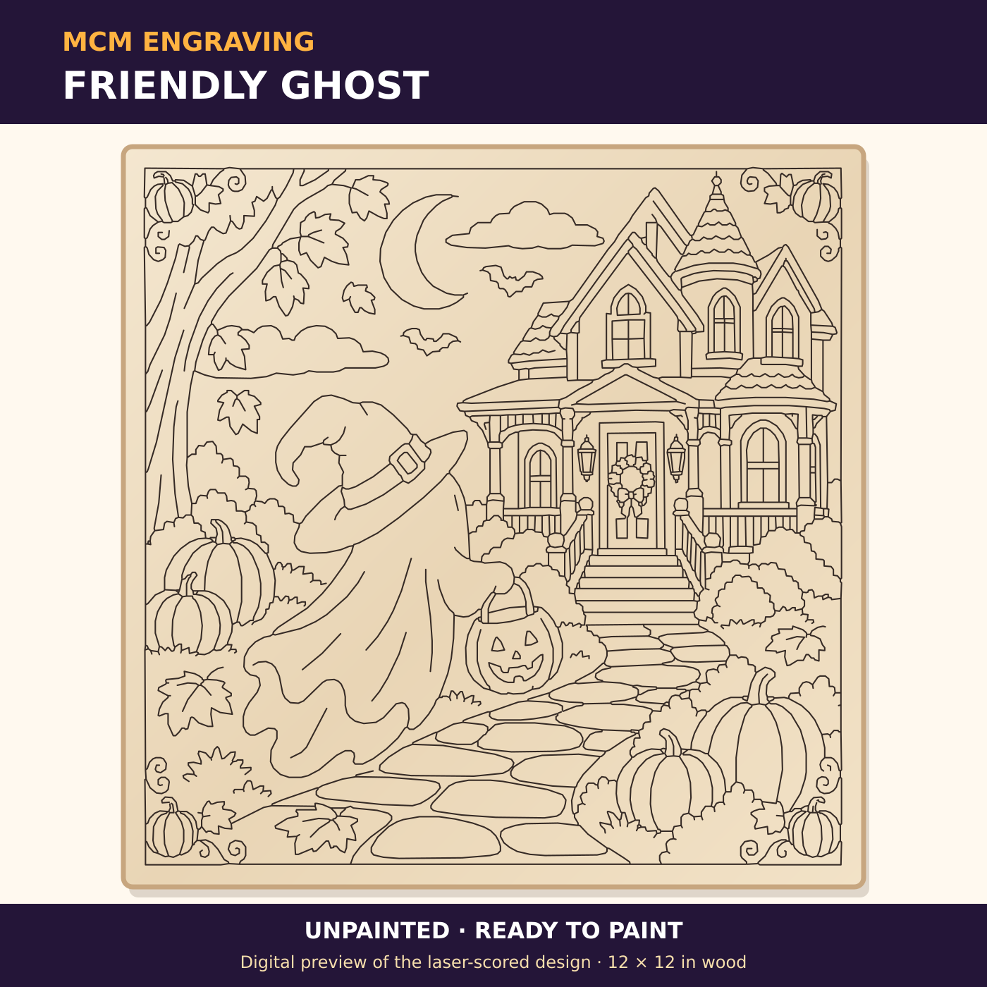 Friendly Ghost unpainted laser-scored Halloween plaque design, digital preview