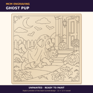 Ghost Pup unpainted laser-scored Halloween plaque design, digital preview