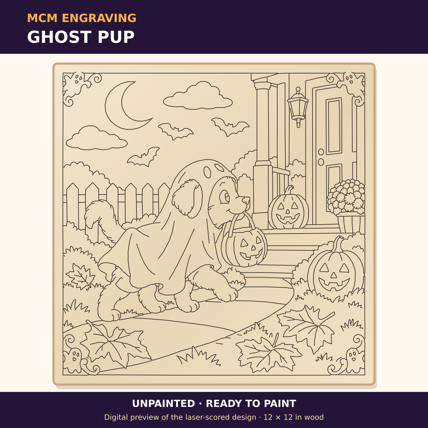 Ghost Pup unpainted laser-scored Halloween plaque design, digital preview