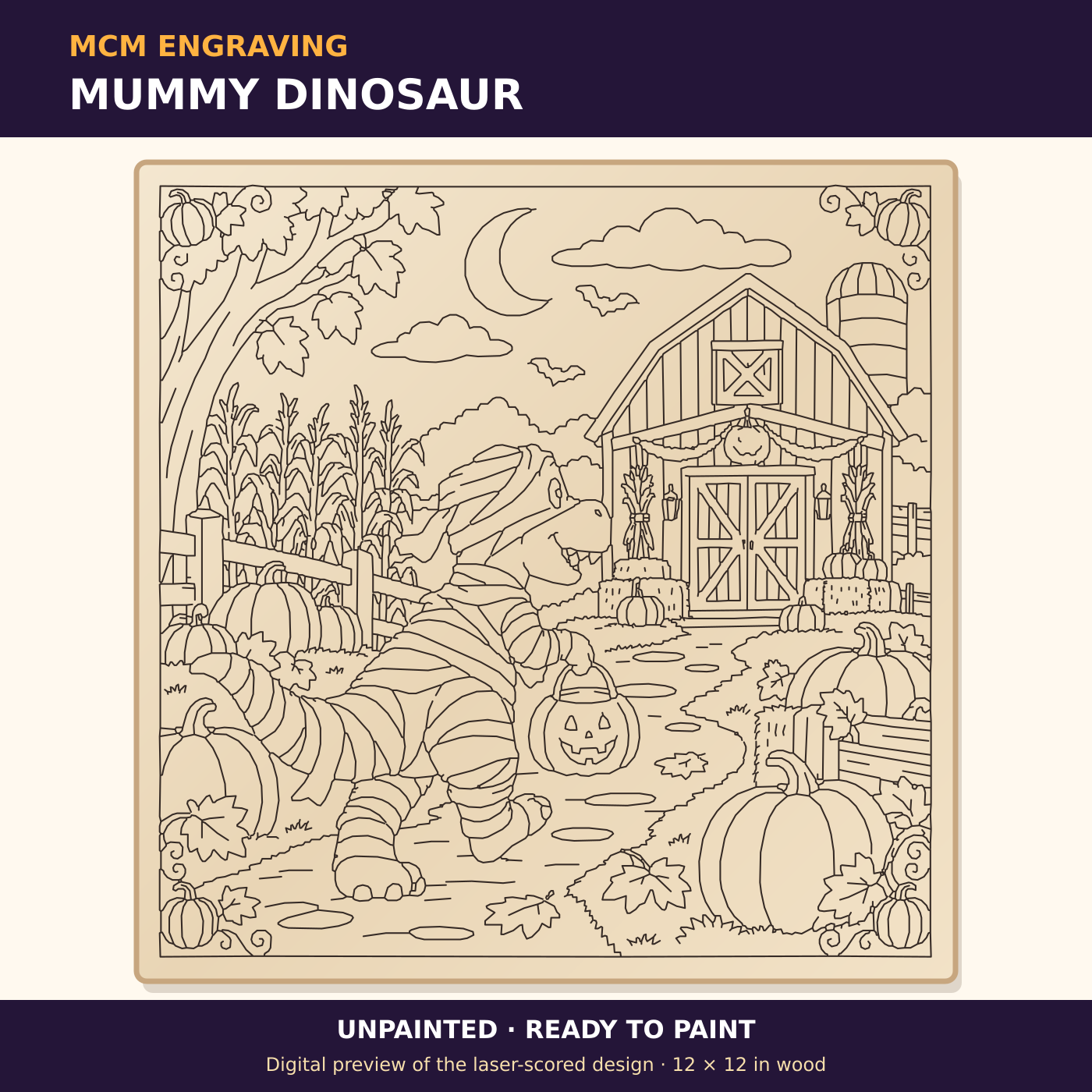 Mummy Dinosaur unpainted laser-scored Halloween plaque design, digital preview