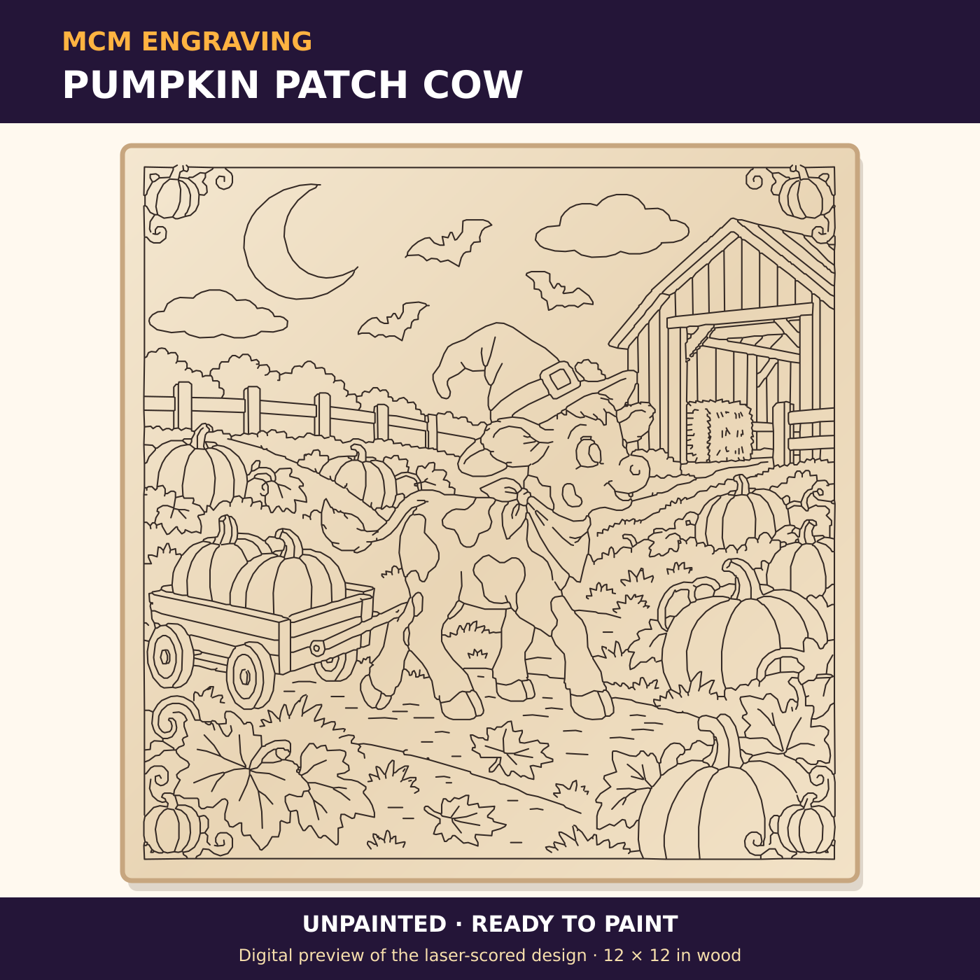 Pumpkin Patch Cow unpainted laser-scored Halloween plaque design, digital preview