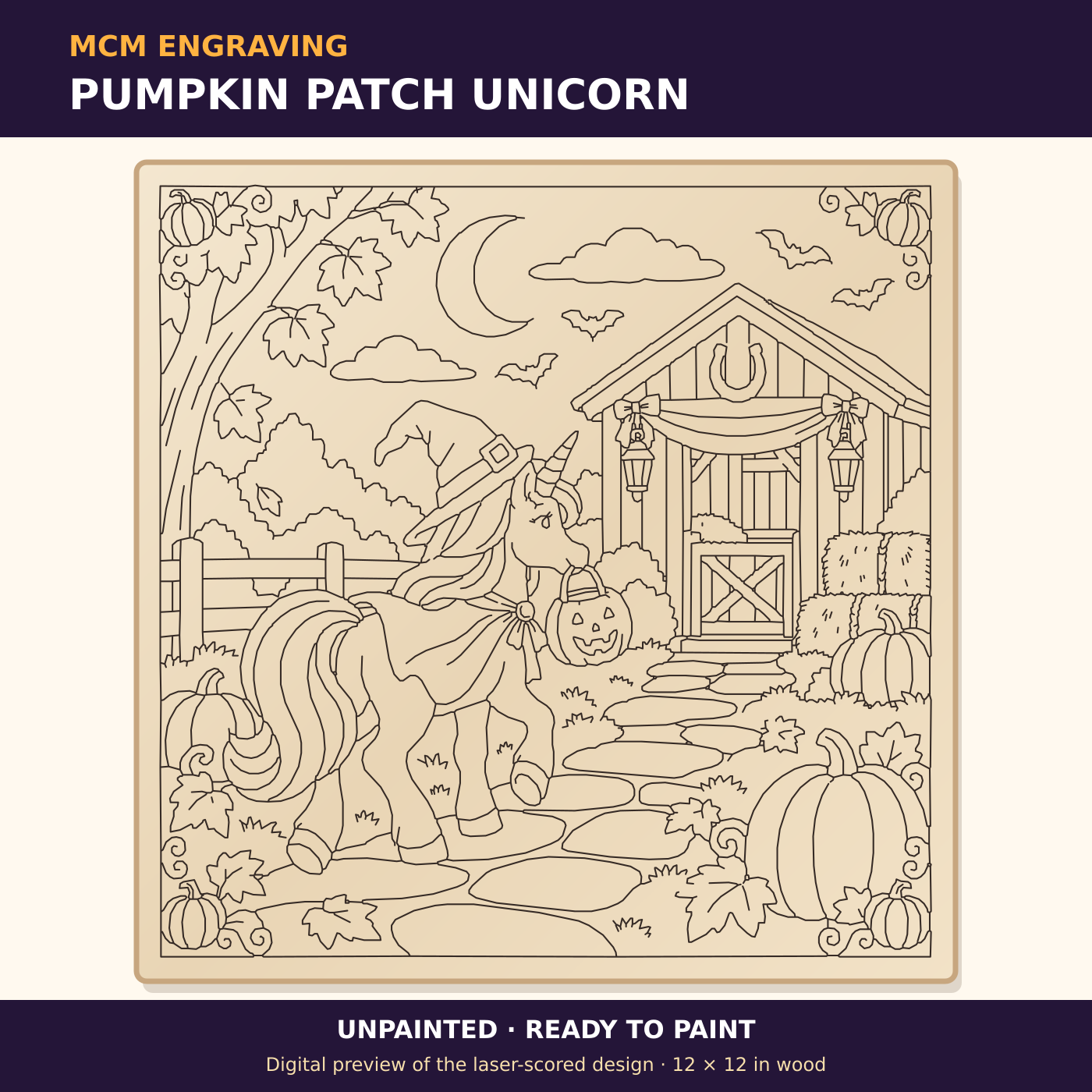 Pumpkin Patch Unicorn unpainted laser-scored Halloween plaque design, digital preview