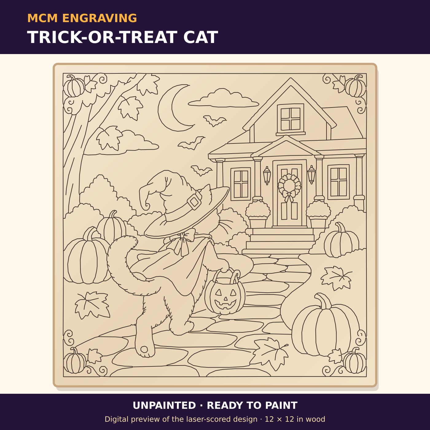 Trick-or-Treat Cat unpainted laser-scored Halloween plaque design, digital preview