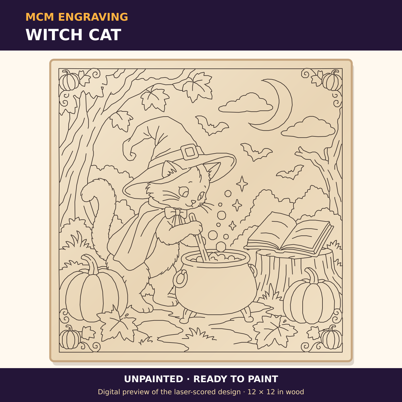 Witch Cat unpainted laser-scored Halloween plaque design, digital preview