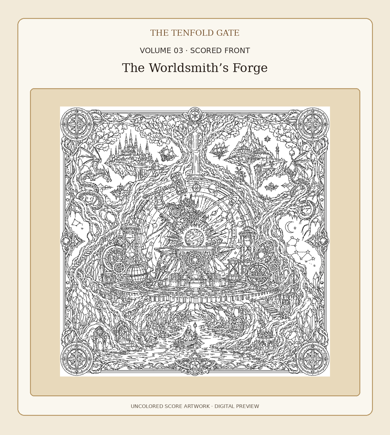 Volume 3 The Worldsmith's Forge uncolored front score artwork, digital preview