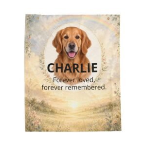 Personalized pet memorial blanket example with a dog’s photograph, name and remembrance message