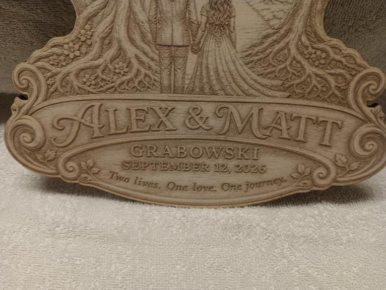 Close-up of the couple's names, wedding date and custom wording on the plaque