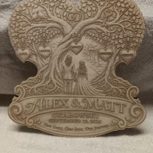 Full front view of the personalized heart-shaped Tree of Life wedding plaque