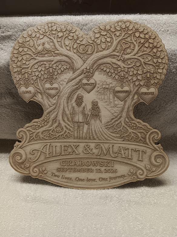 Full front view of the personalized heart-shaped Tree of Life wedding plaque